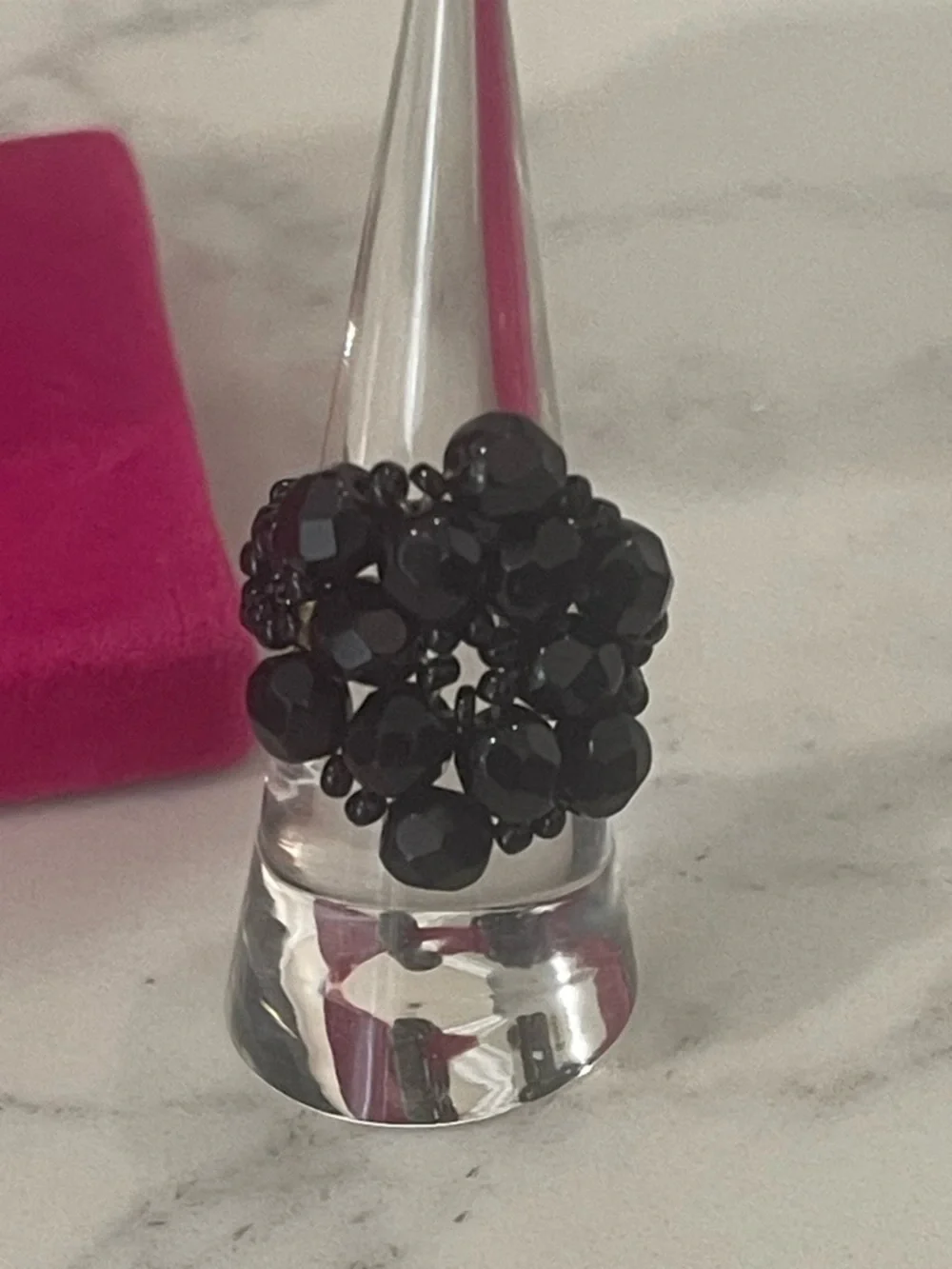Black Beaded Bracelet Set with Silver Accents and Beaded Stretch Ring